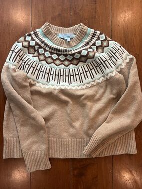 Hill House Beige Fair Isle Crewneck Sweater with Aqua & Brown